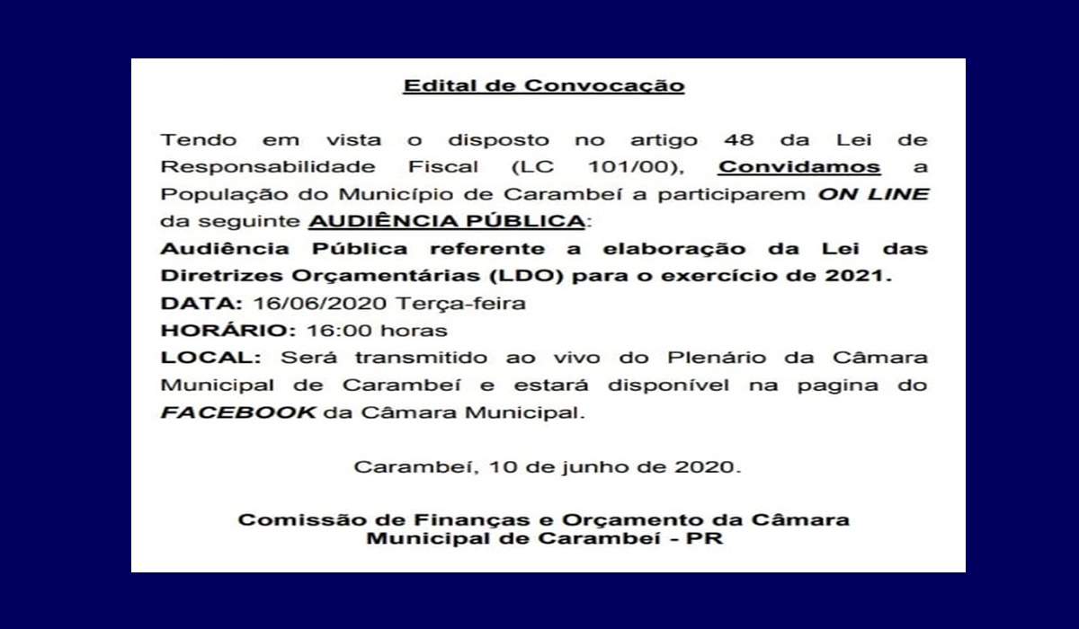 Audiência on-line referente a elaboração da Lei das Diretrizes Orçamentárias 